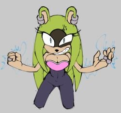angry_at_viewer angry_face belly_button_visible_through_clothing big_ass big_breasts blue_eyes busty busty_female cleavage curvaceous curvy curvy_female curvy_figure deliciouscake ear_piercing electricity eyelashes green_fur ring rouge_the_bat_(cosplay) sega sharp_teeth sonic_(series) sonic_the_hedgehog_(idw) sonic_the_hedgehog_(series) squinting_eyes surge_the_tenrec wide_hips