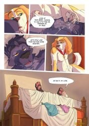 after_orgasm after_sex anthro bed belfort_(belfort_and_lupin) belfort_and_lupin bird_dog black_body bodily_fluids canid canine canis clothing comic cum cum_on_belly cum_on_body cum_on_hand cum_string dialogue digital_media_(artwork) domestic_dog duo english_text feet fingers french_spaniel fur furniture gay gay_male genital_fluids genitals half-closed_eyes hi_res hunting_dog hybrid lion21 lupin_(belfort_and_lupin) lying male male/male mammal narrowed_eyes navel nipples nude on_back on_bed pawpads romantic romantic_ambiance romantic_couple simple_background smile spaniel speech_bubble text toes underwear undressed wolf wolfdog yaoi