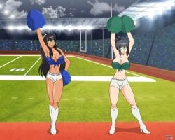 absurdres aiko_yumi big_breasts black_hair breasts brown_hair cheerleader cheerleader_uniform dlobo777 expressionless female_only femsub hunie_pop hypnosis kyanna_delrio large_breasts long_hair open_mouth spiral_eyes symbol_in_eyes western