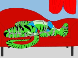 2016 anthro arms_tied biped black_stripes blue_bra blue_clothing blue_underwear blush bondage bound bra breasts clothing curtains dinosaur dubstep-squid female frogtied green_body grey_rope hands_behind_back legs_tied muzzle_(object) muzzled prehistoric_species reptile restraints rope rope_bondage scalie solo striped_body stripes submissive submissive_anthro submissive_female teeth underwear