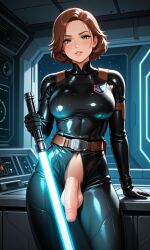 ai ai_generated anakin_skywalker big_breasts blue_eyes blue_lightsaber brown_hair disney futanari genderswap_(mtf) lightsaber star_wars