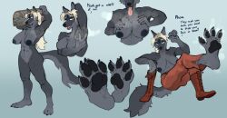 4_toes 5_fingers abs anthro astrid_astridsson barefoot big_breasts black_nose black_pawpads blonde_hair bodily_fluids bottomwear breasts canid canine canis clothed clothing dialogue english_text feet female fingers foot_focus fur genitals grey_body grey_fur grin hair hi_res hindpaw humanoid_hands lockheed_martini mammal muscular muscular_anthro muscular_female muscular_thighs musk musk_cloud musky_armpit musky_breasts musky_feet navel nipples nude nude_anthro nude_female pants pawpads paws plantigrade smile solo sweat tail text toes tongue topless topless_anthro topless_female treasure_chest vulva wolf