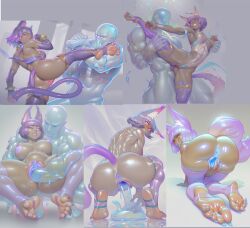 abs ai_generated animal_ears blue_body breasts, catgirl dark-skinned_female dark_skin defeated female fight male muscular muscular_male purple_hair stirrup_legwear tail thighhighs translucent vagina vaginal_penetration