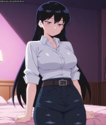 ai_generated anime arato_nagi arm_support artmochiia bangs bed bed_sheet bedroom belt big_breasts black_hair blanket blush breasts collared_shirt curtains dress_shirt fanart female indoors large_breasts long_hair looking_at_viewer on_bed pants pillow plump purple_eyes ruri_no_houseki sheet_grab shirt sitting_on_bed solo voluptuous voluptuous_female white_shirt