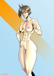 1girls abs areola bangs big_breasts bikini bikini_bra blush breasts brown_eyes clitoris earrings fat_mons female functionally_nude hand_on_hip large_breasts muscular_female nipples overwatch pale pale_skin panties_down perky_breasts pose short_hair smile thick_lips tracer zedeki