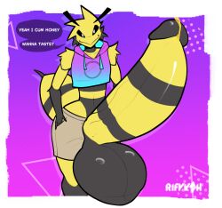 anthro arthropod balls bee big_balls big_penis bodily_fluids bottomwear clothed clothing cropped_hoodie cum erection flavored_cum food genital_fluids genitals hand_in_pocket herb_(rifykoh) hi_res honey_(food) honey_cum huge_balls huge_cock hymenopteran hyper hyper_balls hyper_genitalia hyper_penis insects looking_at_viewer male male_anthro open_bottomwear open_clothing open_shorts penis pockets rifykoh shorts smile smirk solo speech_bubble stinger text unusual_bodily_fluids unusual_cum unusual_genital_fluids