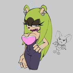 belly_button_visible_through_clothing big_breasts breasts busty busty_female cleavage curvaceous curvy curvy_figure deliciouscake ear_piercing eyelashes grey_fur half-dressed hand_on_hip hourglass_figure long_hair rouge_the_bat_(cosplay) sega sharp_teeth sonic_(series) sonic_the_hedgehog_(series) surge_the_tenrec thick_thighs wide_hips