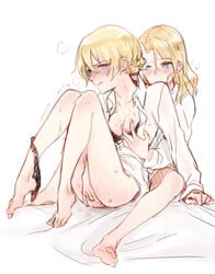 black_bra black_panties blonde_hair blue_eyes blush bra breasts darjeeling fingering girls_und_panzer groping kay_(girls_und_panzer) open_clothes open_shirt panties panties_around_one_leg shirt soramame_(corndog) sweat toe-point underwear yuri