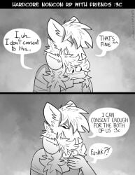 ambiguous_gender anthro blush blush_lines circe_(pankallisti) comic dialogue duo english_text explicitly_stated_nonconsent forced greyscale hand_on_mouth humor larger_male male mammal monochrome murid murine pankallisti rat rodent size_difference smaller_ambiguous speech_bubble text