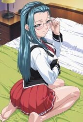 1girls academy_uniform_(bible_black) accurate_art_style adjusting_glasses ai_generated ass ass_focus bare_legs barefoot bed bible_black bible_black_gaiden big_ass big_feet bubble_ass bubble_butt clothing dat_ass eyewear feet female female_focus female_only flirting flirting_with_viewer from_behind glasses grey_eyes hair_ornament hairband half-closed_eyes hotel hotel_room indoors inviting inviting_to_sex kneeling light-skinned_female light_skin long_hair long_toes looking_at_viewer medium_breasts megane mochida_junko necklace necktie no_panties no_panties_under_skirt petite pinup pose posing posing_for_the_viewer presenting presenting_ass presenting_hindquarters rimless_eyewear rimless_glasses round_ass school_uniform schoolgirl seducing seduction seductive sexy_pose shirt sitting smile solo teasing teasing_viewer teasing_with_butt teen teenage_girl teenager thick_ass thighs very_long_hair vest viewed_from_behind wariza
