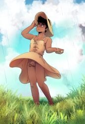 black_hair camp clouds dress dress_lift flaccid flaccid_penis garden georgie_(the_rock_cocks) grass hairy leslie_brown looking_up male_only nature penis phimosis purple_eyes raining short_hair skinny_male sky sun_hat the_rock_cocks