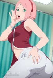 1girls ai_generated ass ass_cleavage ass_crack ass_focus bare_shoulders boruto:_naruto_next_generations bracelet breasts butt_crack clothed_female clothing clothing_lift dress dress_lift fellatio_gesture female female_only from_behind gesture goonstudio green_eyes hairband hospital indoors inviting_to_sex looking_at_viewer looking_back mature mature_female milf naruto naruto_(series) no_underwear pants pink_hair pinup presenting presenting_ass presenting_hindquarters round_ass sakura_haruno sideboob sleeveless_dress solo solo_focus standing suggestive suggestive_gesture suggestive_look suggestive_pose tongue tongue_out unprofessional_behavior watermark white_pants