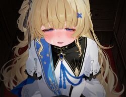 1boy after_fellatio blonde_hair blue_sash blush breasts commentary_request confessional cum cum_in_mouth cum_on_body facial female fingernails hairband half-closed_eyes highres indoors large_variant_set long_hair long_sleeves looking_ahead mako_(makoda) male_rover_(wuthering_waves) medium_breasts no_headwear nose_blush open_mouth paid_reward_available partial_commentary phoebe_(wuthering_waves) pov purple_eyes rover_(wuthering_waves) sash shirt skirt solo_focus tears variant_set very_long_hair white_hairband white_shirt white_skirt wuthering_waves