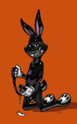 agent_(artist) bugs_bunny clothing collar cum gimp gimp_suit gloves grin kneeling leash looney_tunes male male_only rubber simple_background solo warner_brothers zipper zipper_mouth