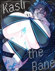 areola_slip belt black_background black_hair blue_eyes blush breasts character_name commentary english_commentary female female_focus functionally_nude gigantic_breasts hair_between_eyes kasli_the_bane kuyu730 long_hair looking_at_viewer navel nyanko_daisensou open_mouth pale_skin shiny_skin skindentation solo stomach_tattoo tattoo the_battle_cats thigh_belt thigh_strap