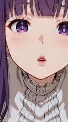 2d_animation ai_generated ai_generated_video animated blush clothed_female fern_(sousou_no_frieren) frieren_beyond_journey's_end indoors kissing kissing_viewer large_breasts lips looking_at_viewer male_pov pov pov_kiss purple_eyes purple_hair robe shinizaya sousou_no_frieren tagme video