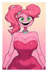 1female 1girl 1girls 2025 2025s ai ai-created ai_art ai_assisted ai_generated animate_inanimate bare_shoulders big_breasts blue_necklace bracelet bracelets breasts civitai cleavage clothed clothing collar collarbone colored_skin eyelashes female female_focus female_only fingers gloves green_eyes hair halftone handwear high_quality high_resolution highres huge_boobs huge_breasts humanoid humanoid_female illustrious_(stable_diffusion) jewelry large_breasts leotard lipstick living_toy looking_at_viewer mascot_horror mob_entertainment mob_games mommy_long_legs necklace open_mouth open_smile outline pink_background pink_body pink_hair pink_leotard pink_lipstick pink_skin pink_theme pony_diffusion_(model) pony_diffusion_xl ponytail poppy_playtime poppy_playtime_(chapter_2) side_ponytail simple_background smile smiling smiling_at_viewer solo solo_female solo_focus stable_diffusion strapless strapless_dress teeth tongue twintails twintails_(hairstyle) v_arms vibrant_background vibrant_colors video_games wide_hips xmattar