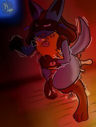 absurd_res anal_orgasm black_body black_fur blue_body blue_fur bodily_fluids crying cum cum_from_ass cum_in_ass cum_inside cum_splatter ejaculation emanata fur generation_4_pokemon genital_fluids hand_on_belly hands-free hi_res holding_stomach humanoid hurricane_weaver lucario male nintendo orgasm pokemon pokemon_(species) raised_tail red_eyes solo spikes standing stomach_bulge tail tail_motion tailwag tears whining yellow_body yellow_fur