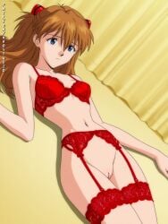 ai_generated asuka_langley_sohryu asuka_langley_soryu blue_eyes brown_hair female female_only german_japanese naostudio neon_genesis_evangelion nsfw on_back plugsuit_pilot presenting pussy red_hair shiny_skin simple_background solo tsundere