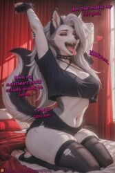 ai_generated animal_ears animal_feet animal_nose arm_behind_head arm_up arms_up bed bedroom black_choker black_collar black_gloves black_nails black_shirt black_shorts black_thighhighs body_fur breasts choker claws cleavage closed_eyes collar colored_sclera colored_skin criss-cross_halter crop_top crop_top_overhang cropped_shirt curtains ear_piercing earrings eyebrow_piercing eyeshadow fangs feet female fingerless_gloves fingernails full_body furry furry_female gloves grey_fur grey_hair halterneck indoors jewelry kneeling large_breasts long_hair loona loona_(helluva_boss) lunaranovaa makeup micro_shorts midriff nail_polish navel on_bed open_mouth pawpads piercing red_curtains red_sclera saliva sharp_fingernails sharp_teeth shirt short_shorts short_sleeves shorts sitting skindentation smile snout soles solo spiked_collar spikes stirrup_legwear stomach stretching tail teeth thick_thighs thighhighs thighs toeless_legwear toes tongue tongue_out torn_clothes torn_shirt torn_shorts torn_thighhighs two-tone_fur waking_up werewolf white_fur white_hair window wolf_ears wolf_girl wolf_tail yawning