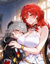 2girls ai_generated big_breasts black_jacket blush enjoying face_on_breast gray_hair happy happy_expression himeko_(honkai:_star_rail) honkai:_star_rail hugging hugging_another hunwolf jewelry looking_at_another red_hair smile snuggle snuggling stelle_(honkai:_star_rail) white_dress wholesome yellow_eyes