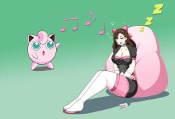 big_breasts brown_hair dlobo777 jigglypuff nintendo oc pokemon sleep sleeping sleepy