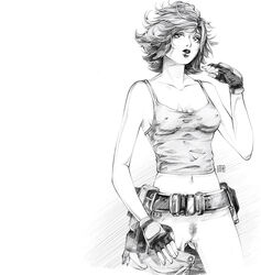 armwear belt_pouch bent bottomwear clothed clothing cowboy_shot dark_armwear dark_belt dark_clothing dark_gloves female female_only fingerless_gloves front_view gloves human light_bottomwear light_clothing light_skin light_tanktop light_topwear looking_at_viewer meryl_silverburgh metal_gear metal_gear_solid open_mouth partially_clothed pubic_hair pussy short_hair simple_background solo standing tanktop topwear uponthoufaircat white_background