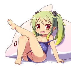 breasts censored chibi cute_fang female green_hair langbazi leg_up long_hair nipples original pointless_censoring pointy_ears red_eyes school_swimsuit solo swimsuit swimsuit_aside swimsuit_pull tied_hair twintails young