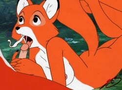 1boy 1girls cum cum_in_mouth cum_inside disney fellatio female furry male oral oral_sex penis roary the_fox_and_the_hound tod_(fath) unseen_male_face vixey