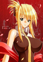 1girls bare_shoulders blonde_hair breasts female green_eyes impossible_clothes large_breasts legretta long_hair nipples pointy_chin red_background regret skin_tight solo tales_of_(series) tales_of_the_abyss