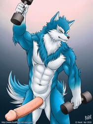 1boy 2010 anthro balls canine dumbbell fur green_eyes kazat looking_at_viewer male male_only mammal muscles penis solo wolf