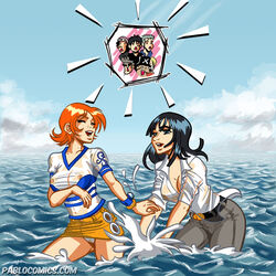 clothes color day female male multiple_boys multiple_girls nami nico_robin one_piece outdoors pablocomics pre-timeskip straight_hair tagme water wet