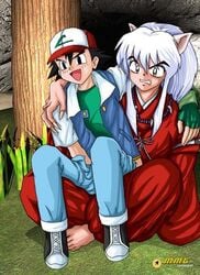 crossover inuyasha inuyasha_(character) male male_only mmario_grant mmg multiple_males nintendo pants_pulled_down pokemon satoshi_(pokemon) yaoi