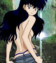 1girls ass back backside black_hair blue_eyes blue_hair blue_thong female g-string higurashi_kagome inuyasha jeans kagome_higurashi long_hair outdoors outside panties smile smiling solo solo_female thong topless traced underwear vector_trace water waterfall weegee_(artist) whale_tail