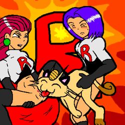 bisexual female gay human interspecies james_(pokemon) jessie_(pokemon) male meowth nintendo pokemon pokephilia straight team_rocket threesome toonpimp yaoi