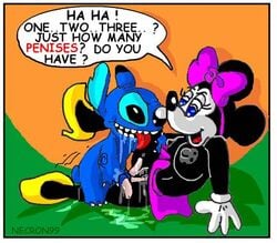 ? anthro artist_name black_eyes black_fur blue_eyes blue_fur bow breasts crossover cum dialogue disney drooling duo english_text experiment_(species) eyelashes female footwear furry gloves hairbow high_heels interspecies large_breasts larger_female lilo_and_stitch male mammal minnie_mouse mouse multi_penis necron99 nipples open_mouth penis rodent saliva sex size_difference smaller_male smile speech_bubble stitch straight text tongue tongue_out triphallia vaginal_penetration what