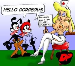 animaniacs black_fur bottomless breasts color english_text female feral fur handjob hello_nurse human interspecies male masturbation multiple_males nipples red_nose sitting standing tagme text topless wakko_warner white_fur yakko_warner