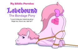 animal animated blink bondage bound bow color cutie_mark english_text eyes female female_only flat_colors fur furry hair my_little_pony nudity open_eyes pink_fur pony purple_eyes rope side_view smooth_skin solo tail text top-down_bottom-up white_background