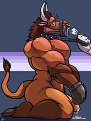 2016 anthro biceps blue_background bondage bound bovine breath brown_fur brown_hair brown_nipples brown_tail cattle clothing collar cum cum_drip disembodied_hand dripping duo elbow_tufts facial_piercing fur garuganto gloves gold_(metal) hair hi_res hooves horn humanoid_penis joveehusky kneeling leash leash_pull male male_only mammal muscular muscular_male muzzle_(object) muzzled nipples nose_piercing nose_ring nude pecs penis piercing pink_penis septum_piercing side_view signature simple_background solo_focus tail_tuft triceps tuft white_horn yellow_eyes