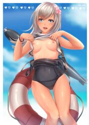 bangs black_swimsuit blonde_hair blue_eyes breasts character_name cloud cloudy_sky covered_navel crop_top edwin_(cyberdark_impacts) female flashing flower hair_flower hair_ornament heart highres kantai_collection knees_together lifebuoy lifted_by_self long_hair looking_at_viewer nipples one-piece_swimsuit one-piece_tan open_mouth ro-500_(kantai_collection) sailor_collar school_swimsuit shirt shirt_lift sky sleeveless sleeveless_shirt smile solo swimsuit swimsuit_pull swimsuit_under_clothes tan tanline thigh_gap torpedo undressing