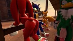 2016 3d 3d_(artwork) anthro anus ass avian balls bird canine darksorm echidna erection flaccid fox furry group hawk hedgehog jet_the_hawk knuckles_the_echidna male male_only mammal monotreme nude penis sonic_(series) sonic_riders sonic_the_hedgehog tails team_sonic