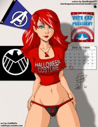 1girls 2016 avengers avengers_academy black_widow_(marvel) callmepo captain_america's_shield color colored dorm_room female female_only fit fit_female human human_only light-skinned_female light_skin long_hair marvel marvel_comics natasha_romanoff panties print_panties red_hair s.h.i.e.l.d. solo solo_female stardragon77 t-shirt