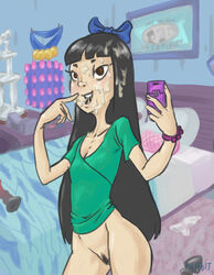 1girls black_hair bow brown_eyes cum cum_on_face disney female hatebit long_hair no_panties open_mouth phineas_and_ferb pussy stacy_hirano standing tagme