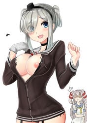 2girls :d alternate_hairstyle amatsukaze_(kantai_collection) amatsukaze_(kantai_collection)_(cosplay) areolae black_panties blue_eyes blush breasts brown_dress bursting_breasts choker commentary_request cosplay costume_switch dress eyebrows eyebrows_visible_through_hair eyes_visible_through_hair garter_straps gloves hair_over_one_eye hair_tubes hamakaze_(kantai_collection) hamakaze_(kantai_collection)_(cosplay) hat highres kantai_collection large_breasts lifebuoy long_hair long_sleeves looking_at_viewer multiple_girls nipple_slip nipples no_bra no_eyes open_mouth panties popped_button sailor_collar sailor_dress school_uniform see-through serafuku shaded_face short_dress short_hair short_sleeves short_twintails side-tie_panties silver_hair simple_background sin_(kami148) single_glove smile tied_hair torn_clothes twintails two_side_up underwear wardrobe_malfunction white_background white_gloves windsock