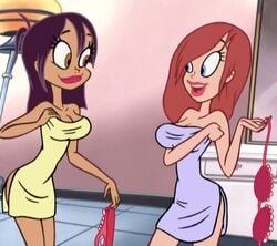 2girls bathroom black_hair bra breasts dark-skinned_female dark_skin joanie large_breasts nude panties red_hair ren_and_stimpy ren_and_stimpy_"adult_party_cartoon" soap_girl stripping towels underwear undressing