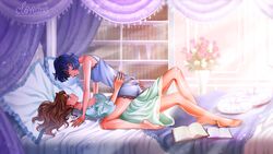 2girls ami_mizuno ass_grab barefoot bed bedroom bishoujo_senshi_sailor_moon blue_eyes blue_hair books bookshelf brown_hair cloveras eye_contact female female_only flower green_eyes hugging lingerie makoto_kino nightgown on_bed pajamas panties romantic seductive small_breasts straddling sunrise vase wedding_band yuri