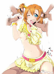 aqua_eyes breasts censored cowgirl_position female handjob kousaka_honoka love_live! love_live!_school_idol_project one_eye_closed penis ponytail sex shiokazunoko side_ponytail tied_hair