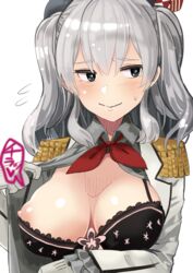areolae black_bra black_eyes blush bra breasts breasts_apart closed_mouth collared_shirt epaulettes eyebrows eyebrows_visible_through_hair female flying_sweatdrops frilled_sleeves frills gloves grey_shirt hair_between_eyes head_tilt heart highres kantai_collection kashima_(kantai_collection) long_hair long_sleeves looking_away medium_breasts neck_ribbon nipple_slip nipples one_breast_out open_clothes open_shirt puffy_nipples red_ribbon ribbon shirt silver_hair simple_background smile solo speech_bubble strap_pull sweatdrop text tied_hair torimahera translated twintails underwear upper_body wavy_mouth white_background white_gloves wing_collar