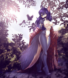 2016 4_toes anthro areola black_nose blue_hair breasts canine closed_eyes clothing dress eyebrows eyelashes female fluffy fluffy_tail hair leaves long_hair mammal navel nipples orivarri pussy signature solo standing toes undressing