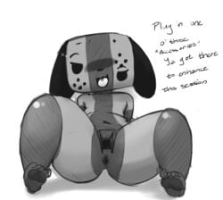 2018 animate_inanimate anthro anus ass beady_eyes bunihud canine detachable dialogue digital_media_(artwork) english_text eyelashes feet female floppy_ears front_view greyscale lying mammal monochrome navel nintendo nintendo_switch nude on_back open_mouth pose presenting pussy rear_view shortstack simple_background smile solo spread_legs spreading switch_dog text thick_thighs tongue video_games white_background